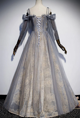 Gray tulle sequins long prom dress A-line evening dress S840