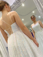 Shiny Sequins Open Back Ivory Long Prom Dresses, Sparkly Ivory Formal Graduation Evening Dresses S1092