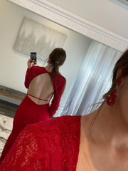 Long Sleeves Mermaid Red Lace Prom Dresses, Long Beaded Red Lace Formal Dresses, Red Evening Dresses S1379