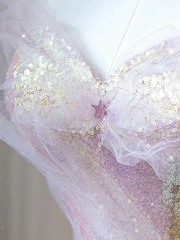 PINK A-LINE TULLE SEQUIN LONG PROM DRESSES, PINK FORMAL GRADUATION DRESS S1364