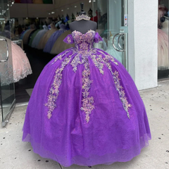 Purple Quinceanera Dresses Applique Flower Corset Graduation Gown S3707