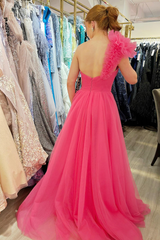 One Shoulder Hot Pink Pleated Long Formal Dress S3629