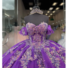 Purple Quinceanera Dresses Applique Flower Corset Graduation Gown S3707