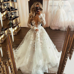 White lace appliqué long prom dress white evening dress S3710