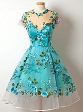 Short Sleeved Sheer Floral Embroidered Short Homecoming Dress, Formal Dress S2755