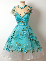 Short Sleeved Sheer Floral Embroidered Short Homecoming Dress, Formal Dress S2755