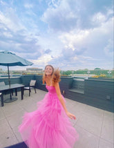 Hot Pink Tulle Spaghetti Straps Prom Dress, Floor Length Tulle Formal Dress S864