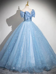 Light Blue Tulle Sequins Long Prom Dress, Lovely A-Line Evening Party Dress S7193