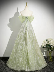 Green Tulle Sequins Long Prom Dress, Beautiful Off the Shoulder Party Dress S7191