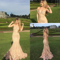 Sexy Nude Sweetheart Strapless Mermaid Lace Long Prom Dress S3534