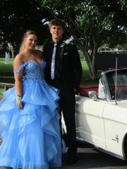 Off the Shoulder Fluffy Light Blue Lace Long Prom Dresses, Light Blue Lace Formal Evening Dresses S7195