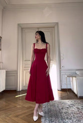 Red suspender waist A-line sexy long skirt homecoming dress R3863