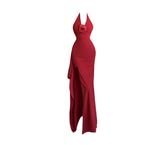 Retro red halter neck dress 2025 new hot girl sexy slit high waist hip long skirt R0036