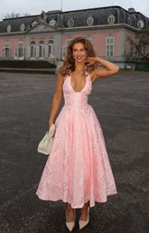 Pink suspender satin halter neck deep V sexy waist slim long skirt homecoming dress R3855