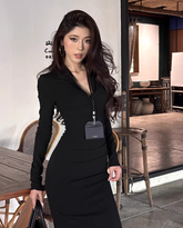 Large size French pure desire V-neck long sleeve slim dress Royal sister hip long skirt R1879