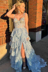 Light Blue Corset Lace Tiered Tulle Long Formal Dress S2496