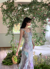 Beautiful oil painting style fishtail long skirt summer French retro gradient irregular suspender dress R4340