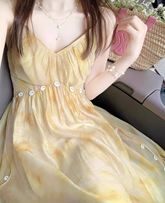 Tea break French gentle style platycodon yellow sling dress temperament slim long skirt R1642