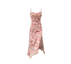 Tea break French style swing collar pink sling floral chiffon dress new waisted mid-length long skirt R0081