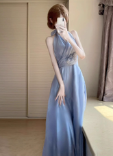 Blue V-neck halter dress for women French gentle temperament holiday style waist A-line long skirt R0427