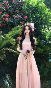 Cherry Blossom Pink Gentle Fairy Sling Waist Slim Fit A-Line Long Skirt Homecoming Dress R4028