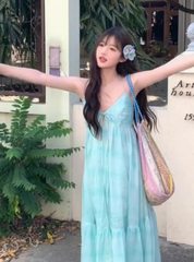 Beach vacation V-neck halter dress gentle temperament waist A-line long skirt R0244