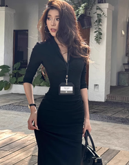 Large size French pure desire V-neck long sleeve slim dress Royal sister hip long skirt R1879
