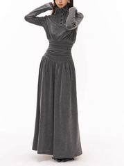 Design half-high polo collar long-sleeved dress 2025 pleated waist A-line long skirt R1034