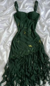 Green forest tie suspenders waist slim irregular skirt long skirt homecoming dress R2787