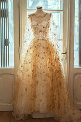 Sparkly Star Sequins Prom Dresses, Champagne Tulle A-Line Formal Dresses S7314