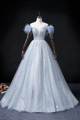 Blue Tulle Beads Long Prom Dress, Elegant A-Line Evening Party Dress S7313