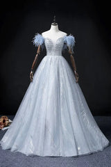 Blue Tulle Beads Long Prom Dress, Elegant A-Line Evening Party Dress S7313