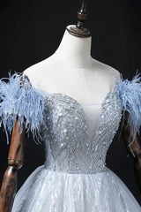 Blue Tulle Beads Long Prom Dress, Elegant A-Line Evening Party Dress S7313
