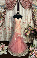 Pink Tulle Mermaid Strapless Long Prom Dress, Formal Evening Gowns     S6857