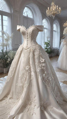 Off Shoulder Vintage A line Long Lace Appliques Wedding Dresses       S6812