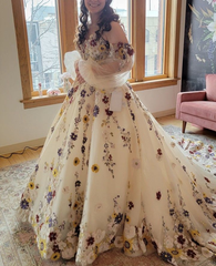 New Wedding Dresses Long Sleeve Off Shoulder Fantasy Flowers Bridal Gowns    S6500