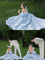 Sky Blue Elegant Bridal Gown Lace Up Back Long Vintage Bride Dress         S6491