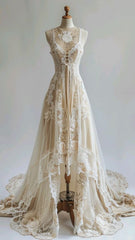 Elegant Lace High Low Wedding Dress Women Sleeveless Bridal Gowns Wedding Party Dress     S6583