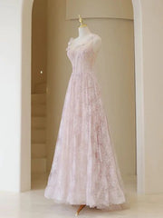 Light Pink Round Neckline Lace Long Prom Dress, A-line Pink Floor Length Party Dress        S6340