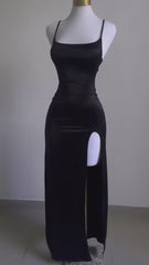 Sexy Sheath Spaghetti Straps Black Slit Long Prom Dress      S6243