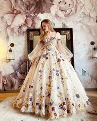 New Wedding Dresses Long Sleeve Off Shoulder Fantasy Flowers Bridal Gowns    S6500