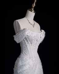 Elegant Mermaid Off The Shoulder Sequin Long White Wedding Dresses     S6566