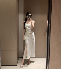 French satin suspender dress square neck pleated slit high-end niche long skirt R1538