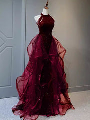 Sparkly Sheath Burgundy Sequin Long Prom Dress Party Dresses       S6754
