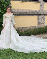 Green wedding dress, Bohemian wedding dress, Romantic wedding dress, Long Sleeve Dress     S6644