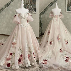 Vintage 3D Florals Wedding Dresses Half Sleeves Light Pink Lace Bridal Gowns    S6641