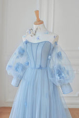 Tulle Flowers Long Prom Dress, Lovely A-Line Puff Sleeve Evening Dress      S6663