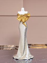 Gold bow neckline, silver sequined, fitted waist, bodycon long ball gown R8376