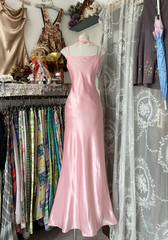 Pink halter-neck, fitted satin long dress, ball gown R6335