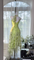 Light green floral print halter-neck fitted long ball gown R7649